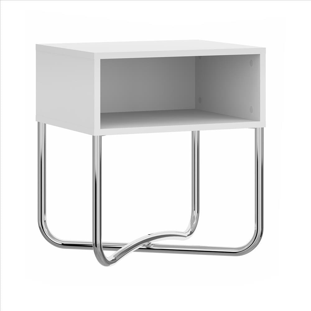 Bedside Nightstand with Open Compartment and Tubular Metal Base White and Chrome By The Urban Port UPT-238272