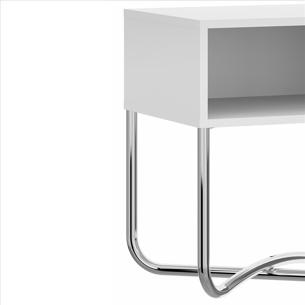 Bedside Nightstand with Open Compartment and Tubular Metal Base White and Chrome By The Urban Port UPT-238272