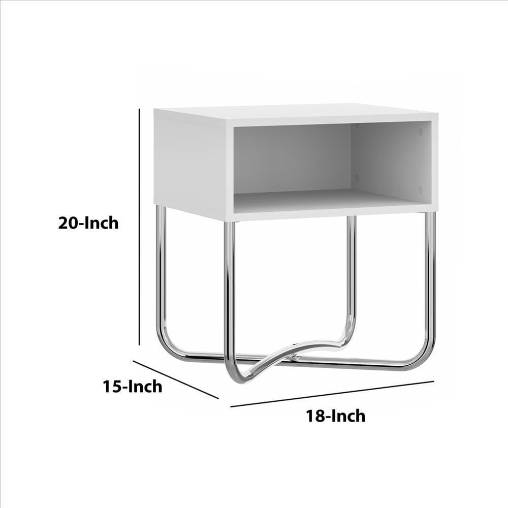 Bedside Nightstand with Open Compartment and Tubular Metal Base White and Chrome By The Urban Port UPT-238272