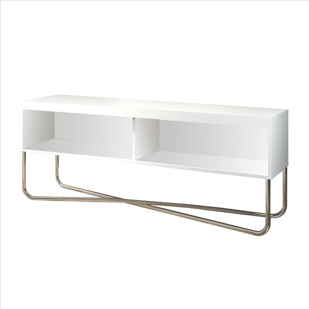 53 Inch TV Stand with 2 Open Compartments and Tubular Metal Frame White and Chrome By The Urban Port UPT-238274