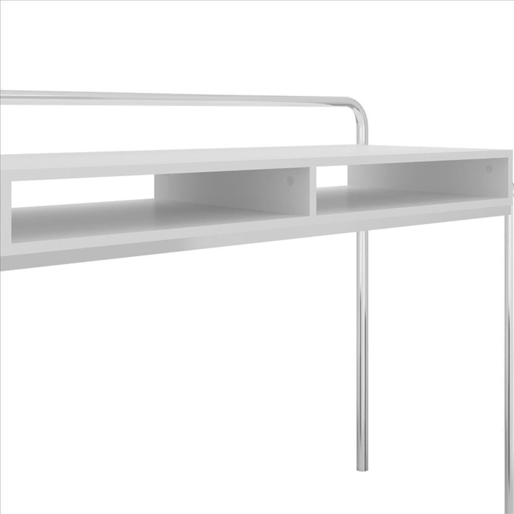 Office Desk with 2 Compartments and Tubular Metal Frame White and Chrome By The Urban Port UPT-238277