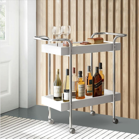 Storage Cart with 2 Tier Design and Metal Frame, White and Chrome By The Urban Port