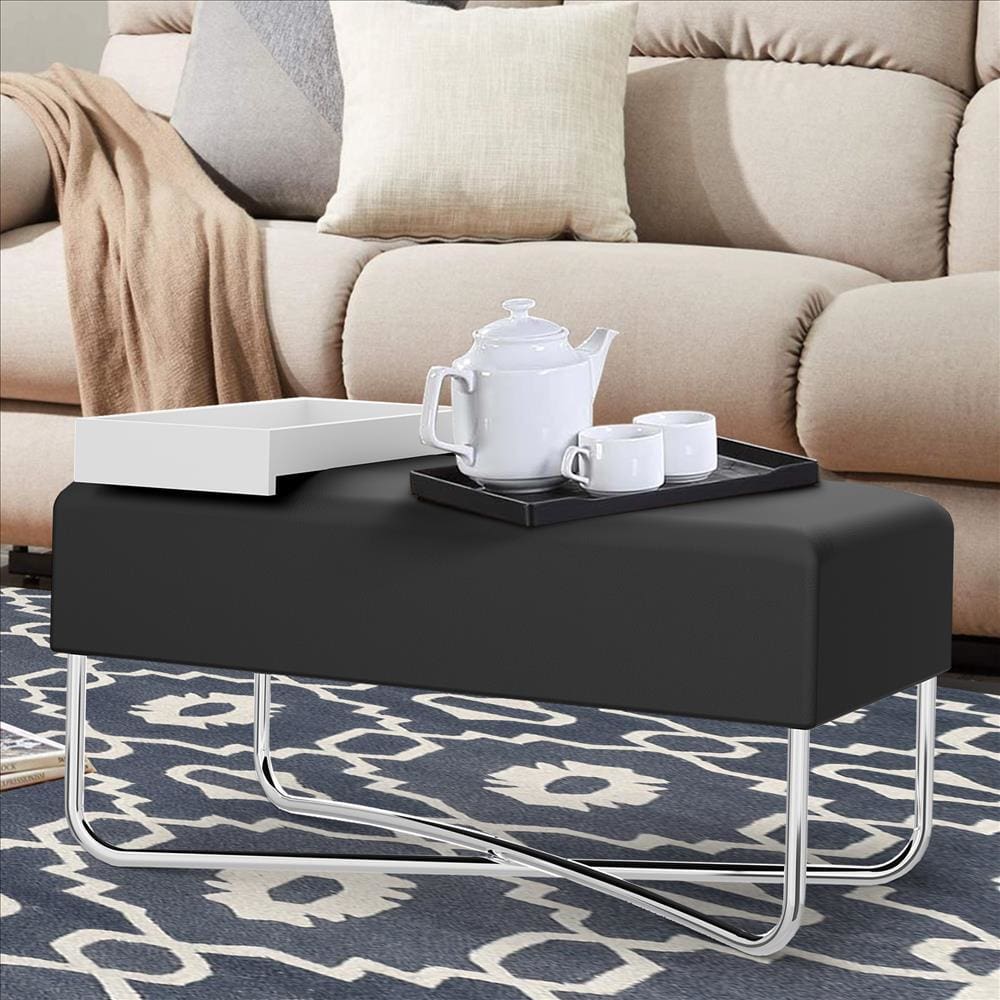 Pouffe with Rectangular Fabric Seat and Inbuilt Wooden Tray Black and White By The Urban Port UPT-238279