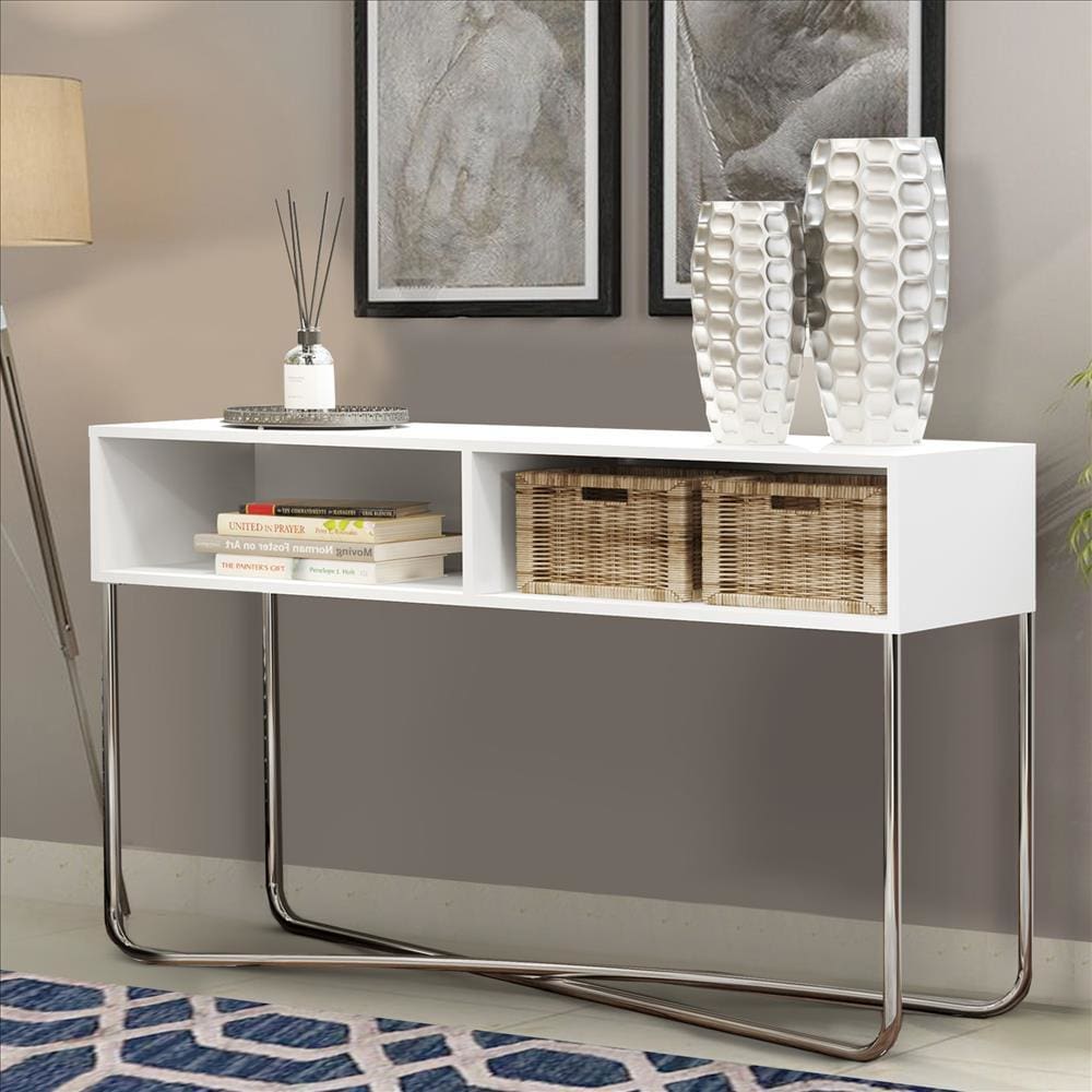 Wooden Console Table with 2 Open Compartments and Metal Frame White and Chrome By The Urban Port UPT-238280