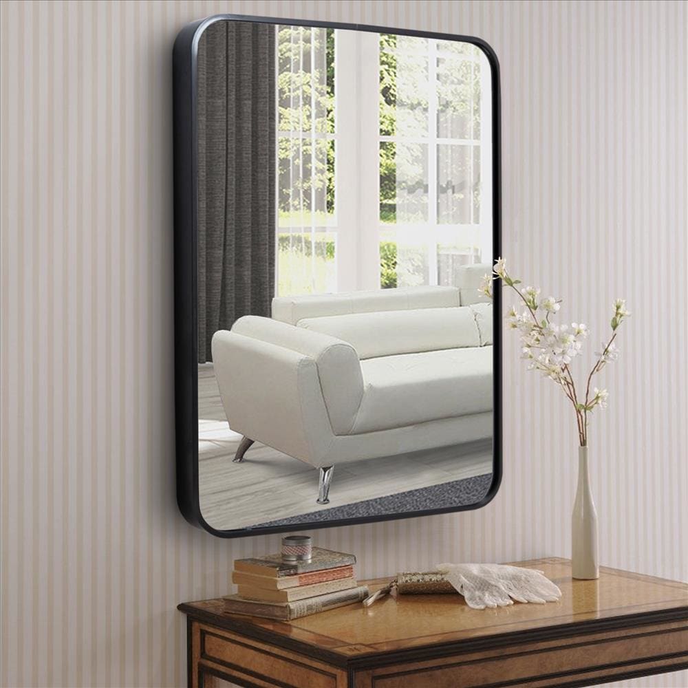 20 x 28 Inch Transitional Aluminum Frame Rectangular Wall Mirror with Arched Corners Black By The Urban Port UPT-238452