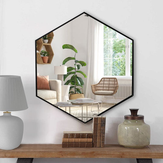 24 Inch Hexagon Modern Geometric Hanging Accent Wall Mirror, Metal Frame, Black By The Urban Port