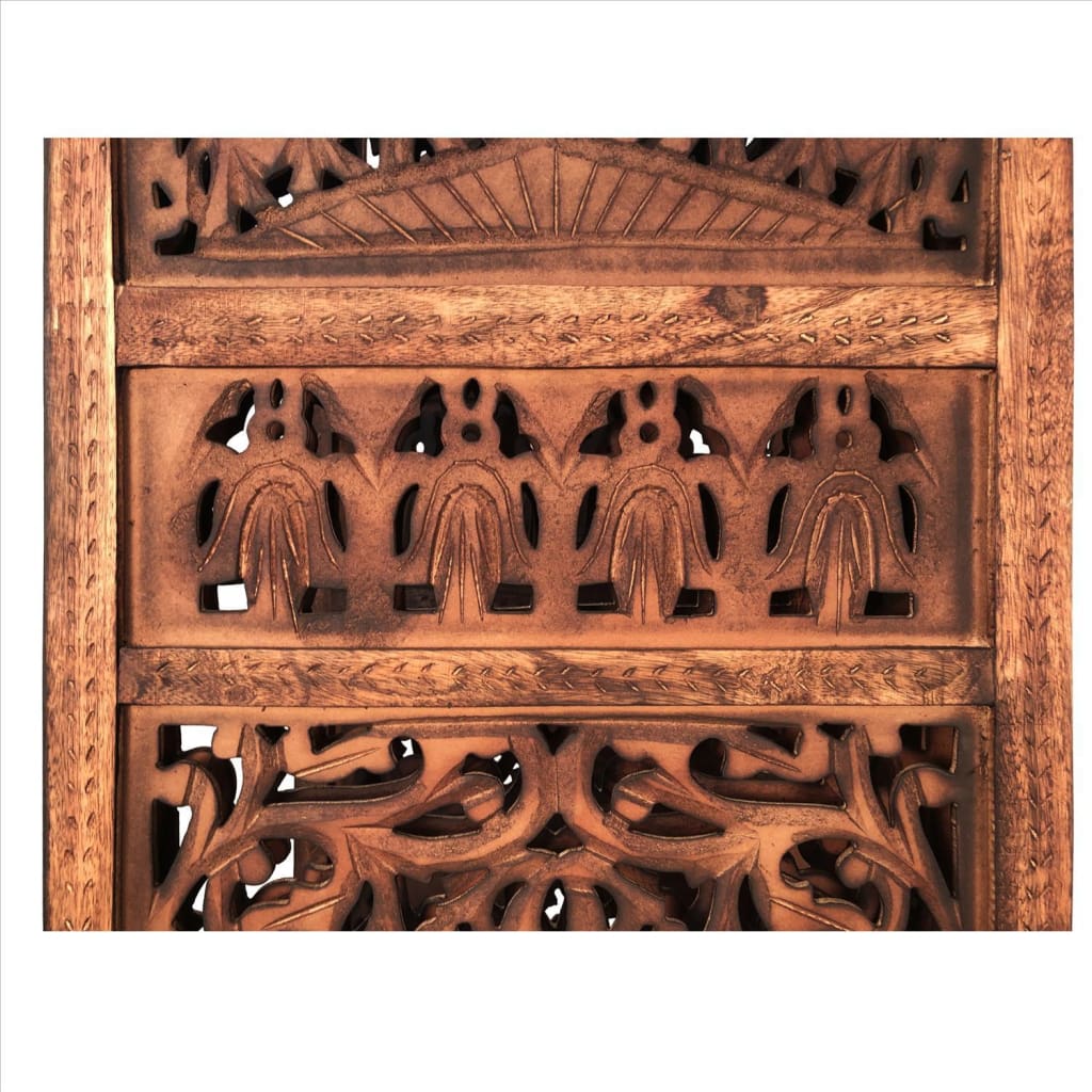 Traditionally Wooden Carved 4 Panel Room Divider Screen With Intricate Cutout Details Brown By The Urban Port UPT-238486