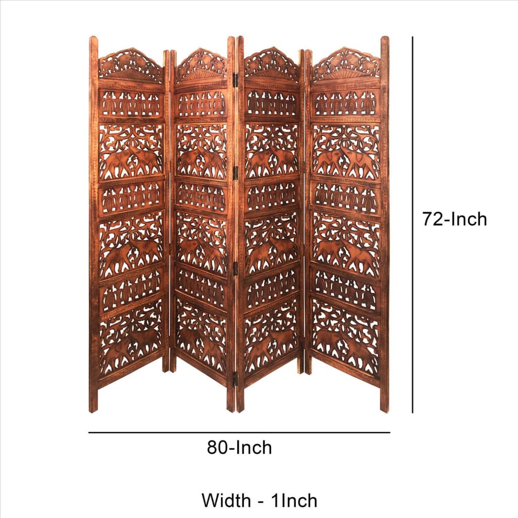 Traditionally Wooden Carved 4 Panel Room Divider Screen With Intricate Cutout Details Brown By The Urban Port UPT-238486