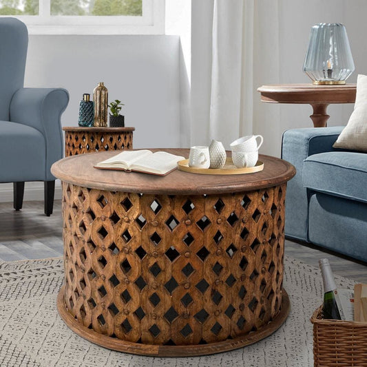 Cato 2 Piece Coffee Table Set, Mango Wood Cut Out Lattice Design, Rustic Brown - The Urban Port