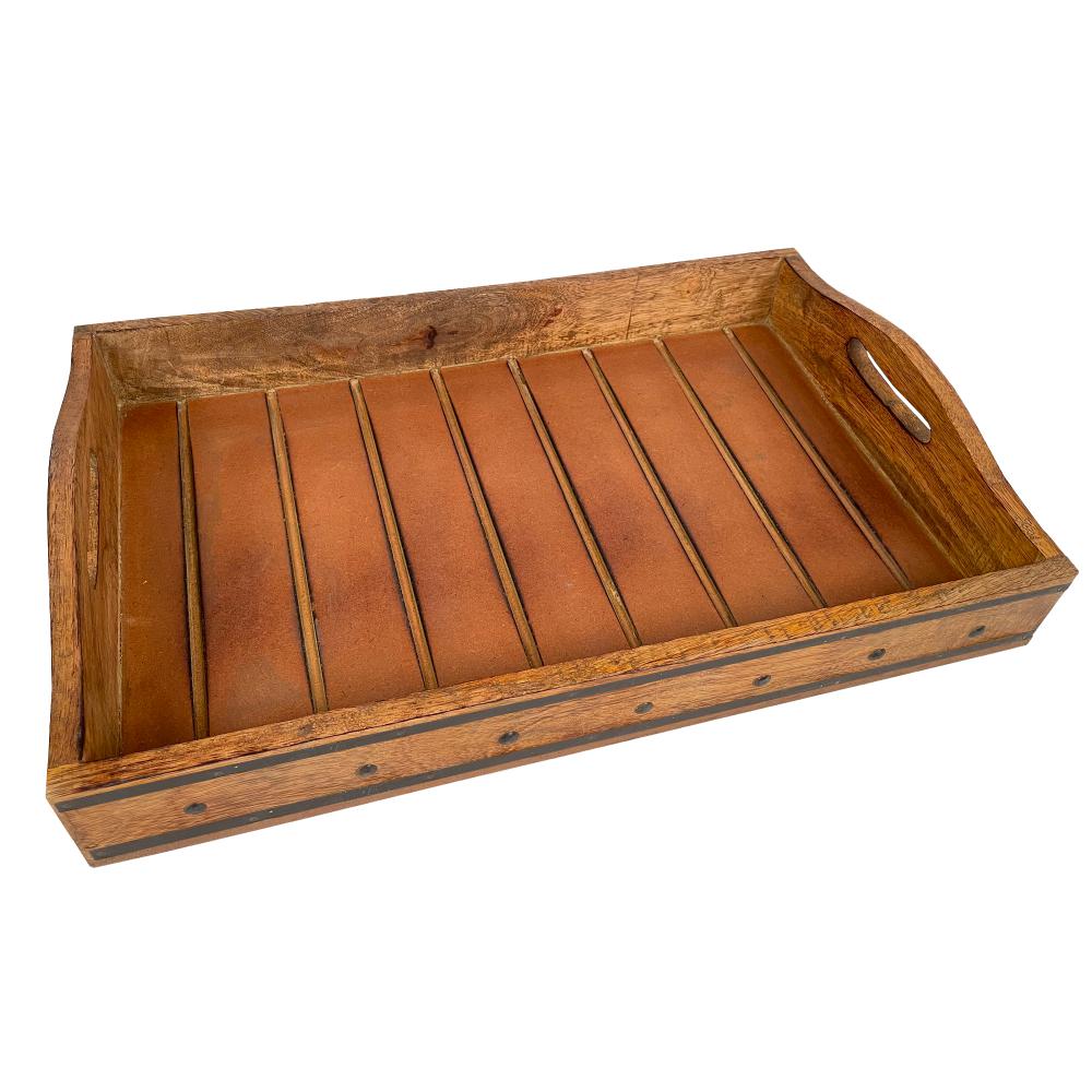 Rectangular Farmhouse Wooden Tray with Rivets Accent and Metal Trim Brown By The Urban Port UPT-242013