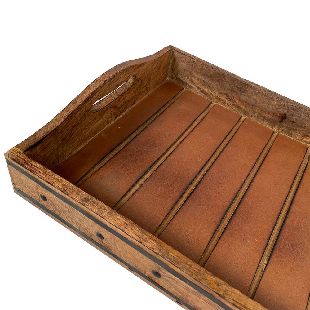 Rectangular Farmhouse Wooden Tray with Rivets Accent and Metal Trim Brown By The Urban Port UPT-242013