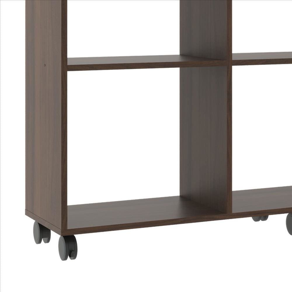 52.6 Inch Wooden Bookcase with 9 Open Compartments and Casters Walnut Brown By The Urban Port UPT-242343