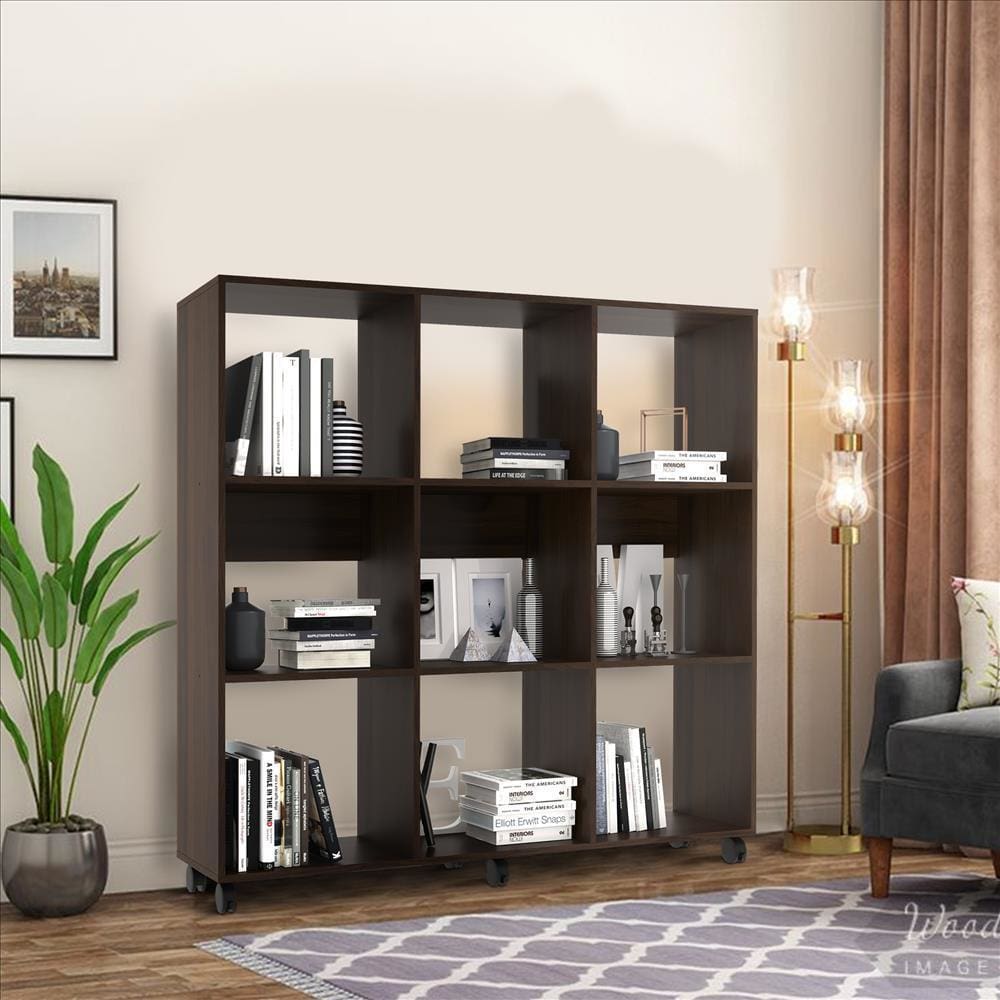 49 Inch Handcrafted Classic Wood Bookcase, 9 Open Compartments, Caster Wheels, Espresso Brown By The Urban Port