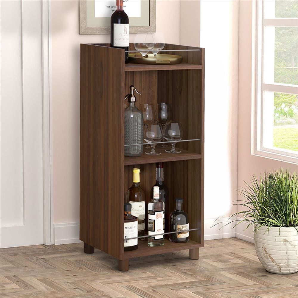 34 Inch 3 Tier Wine Rack, Metal Bar Accents, Wood Grain Details, Dark Brown By The Urban Port