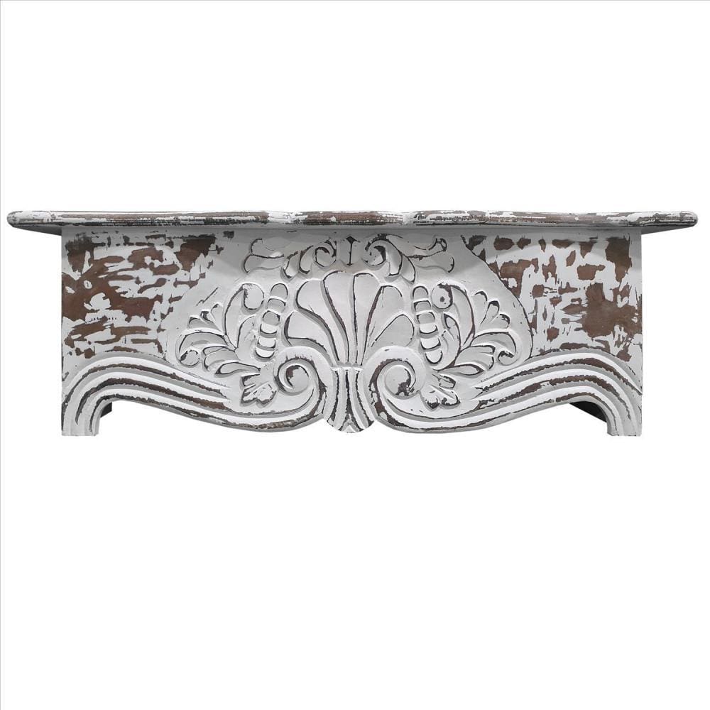 28 Inch Wooden Floating Wall Shelf with Engraved Floral Details Antique White By The Urban Port UPT-242448