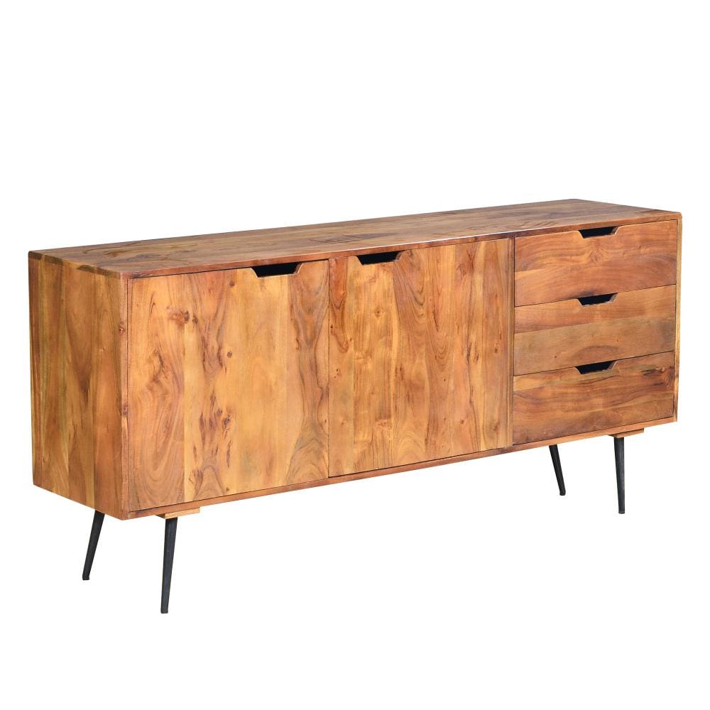 63 Inch Wooden 2 Door Sideboard with 3 Drawers and Cutout Pulls Brown By The Urban Port UPT-242819