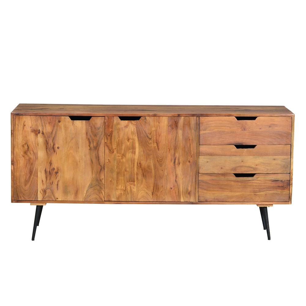 63 Inch Wooden 2 Door Sideboard with 3 Drawers and Cutout Pulls Brown By The Urban Port UPT-242819