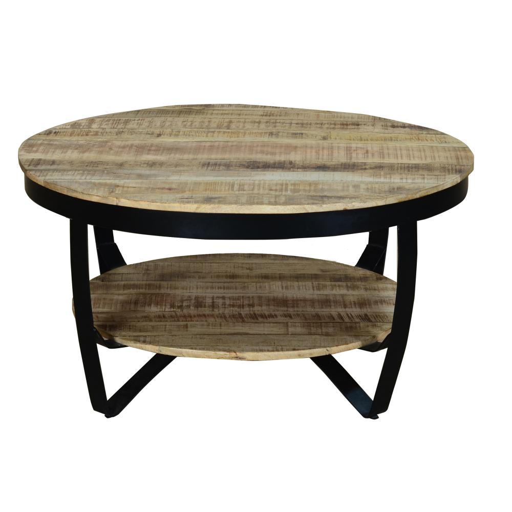 34 Inch Farmhouse Round Coffee Table with Metal Framework Brown and Black By The Urban Port UPT-242821