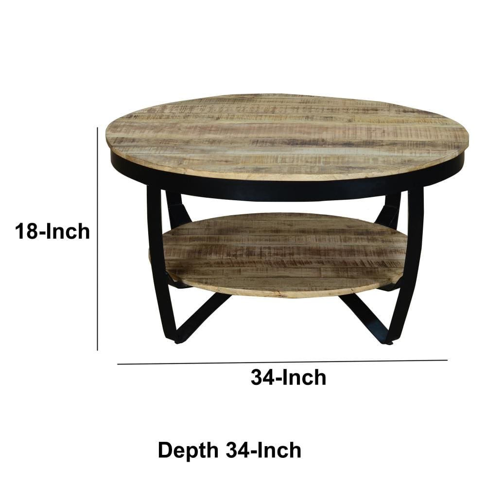 34 Inch Farmhouse Round Coffee Table with Metal Framework Brown and Black By The Urban Port UPT-242821