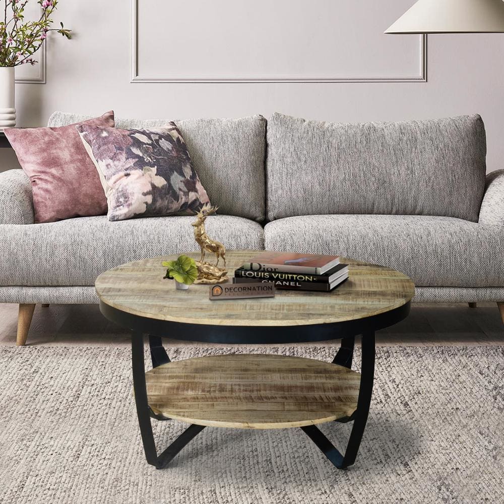 34 Inch Farmhouse Round Coffee Table with Metal Framework Brown and Black By The Urban Port UPT-242821