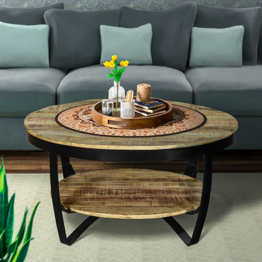 34 Inch Farmhouse Round Coffee Table with Metal Framework, Brown and Black By The Urban Port