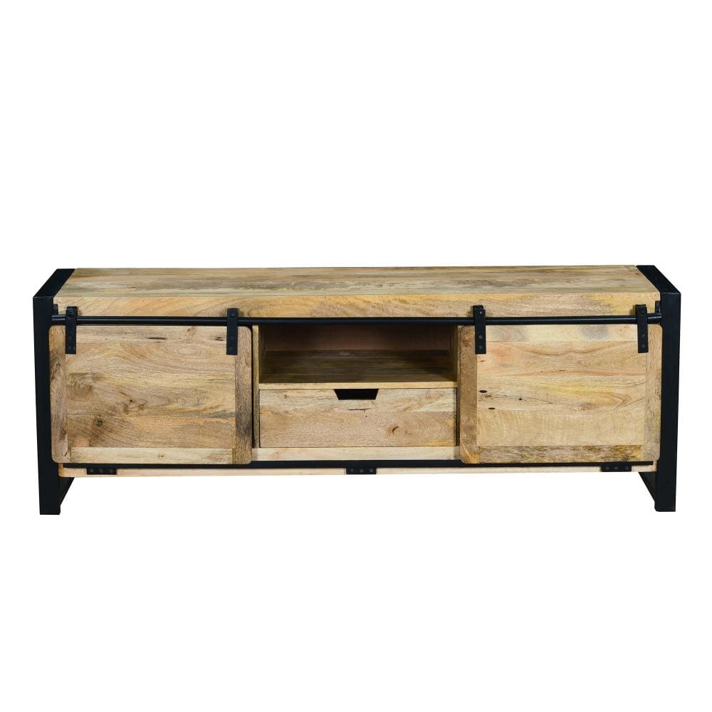 63 Inch Wooden Industrial TV Cabinet with Barn Style Sliding Doors Brown and Black By The Urban Port UPT-242822