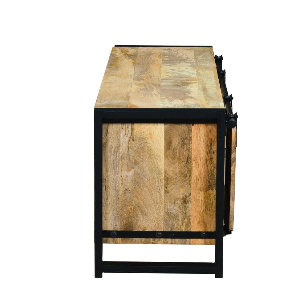 63 Inch Wooden Industrial TV Cabinet with Barn Style Sliding Doors Brown and Black By The Urban Port UPT-242822