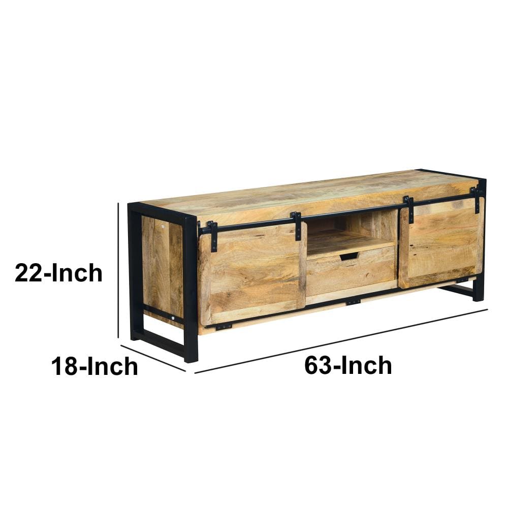 63 Inch Wooden Industrial TV Cabinet with Barn Style Sliding Doors Brown and Black By The Urban Port UPT-242822