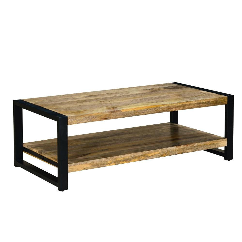 47 Inch Rectangular Industrial Coffee Table with Sled Design Metal Legs Washed White By The Urban Port UPT-242823