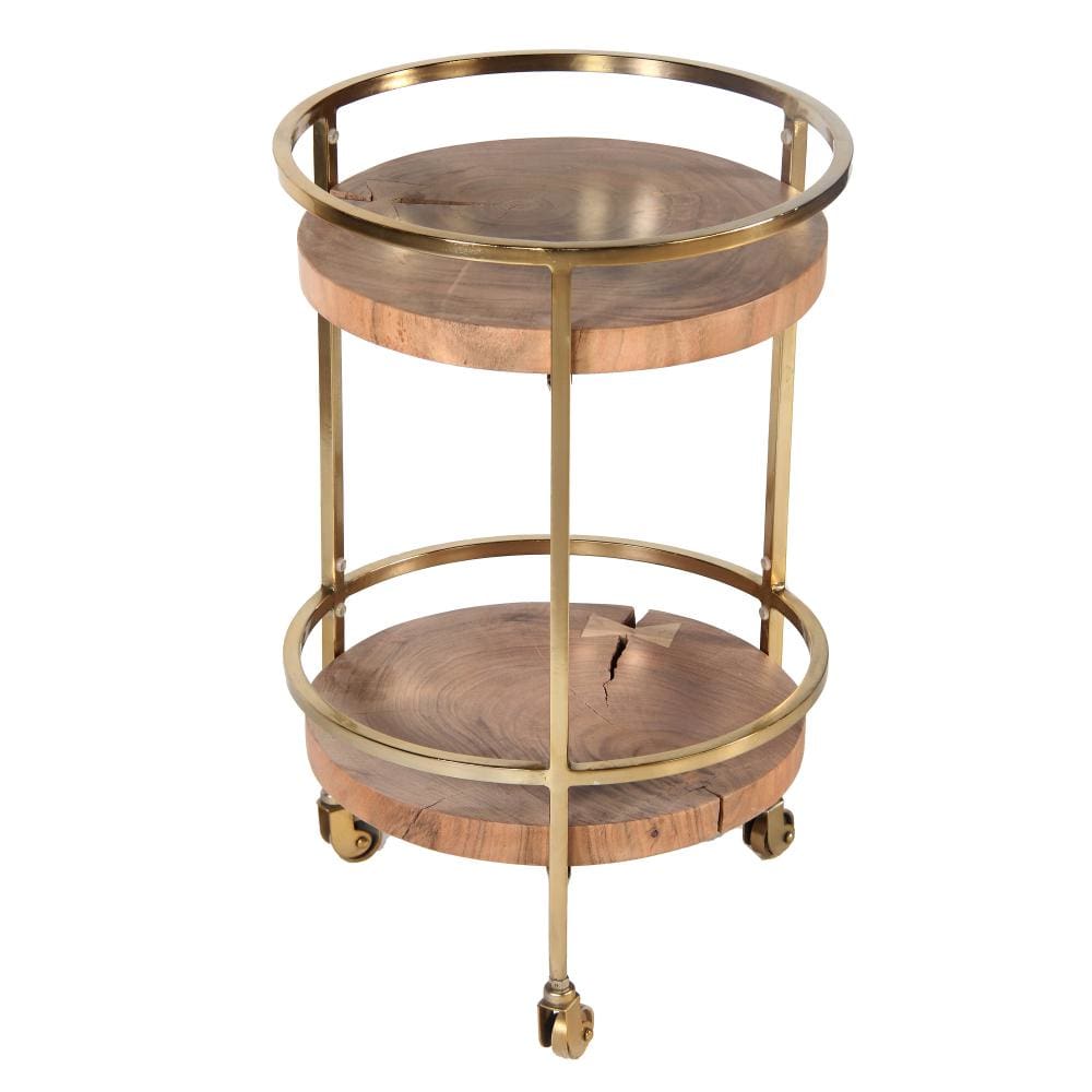 2 Tier Industrial Bar Cart with Live Edge Wooden Shelves and Metal Frame Brown and Brass By The Urban Port UPT-242826