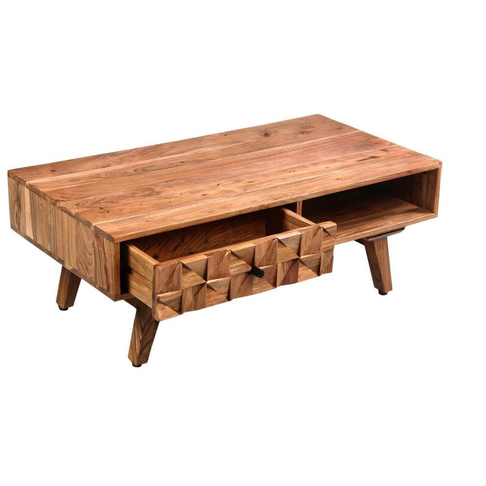 37 Inch Farmhouse Rectangle Coffee Table with 2 Drawers and Textured Front Oak Brown By The Urban Port UPT-242829