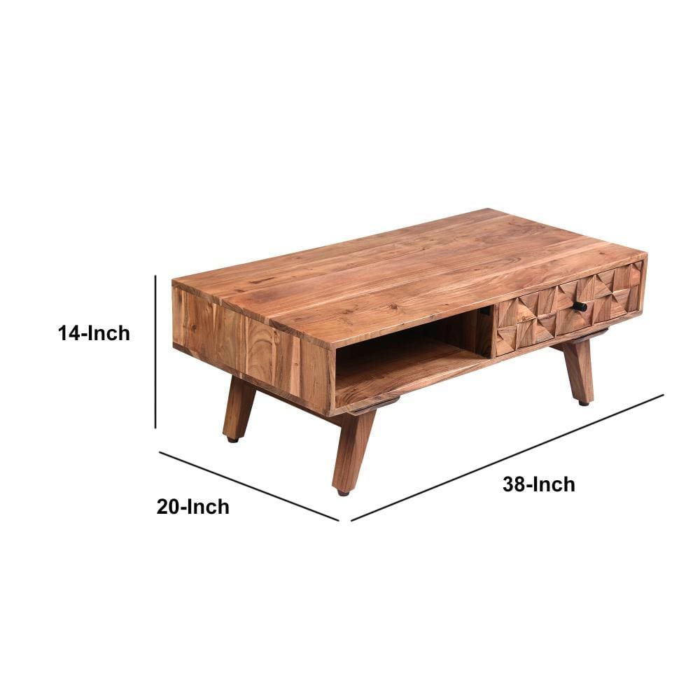 37 Inch Farmhouse Rectangle Coffee Table with 2 Drawers and Textured Front Oak Brown By The Urban Port UPT-242829