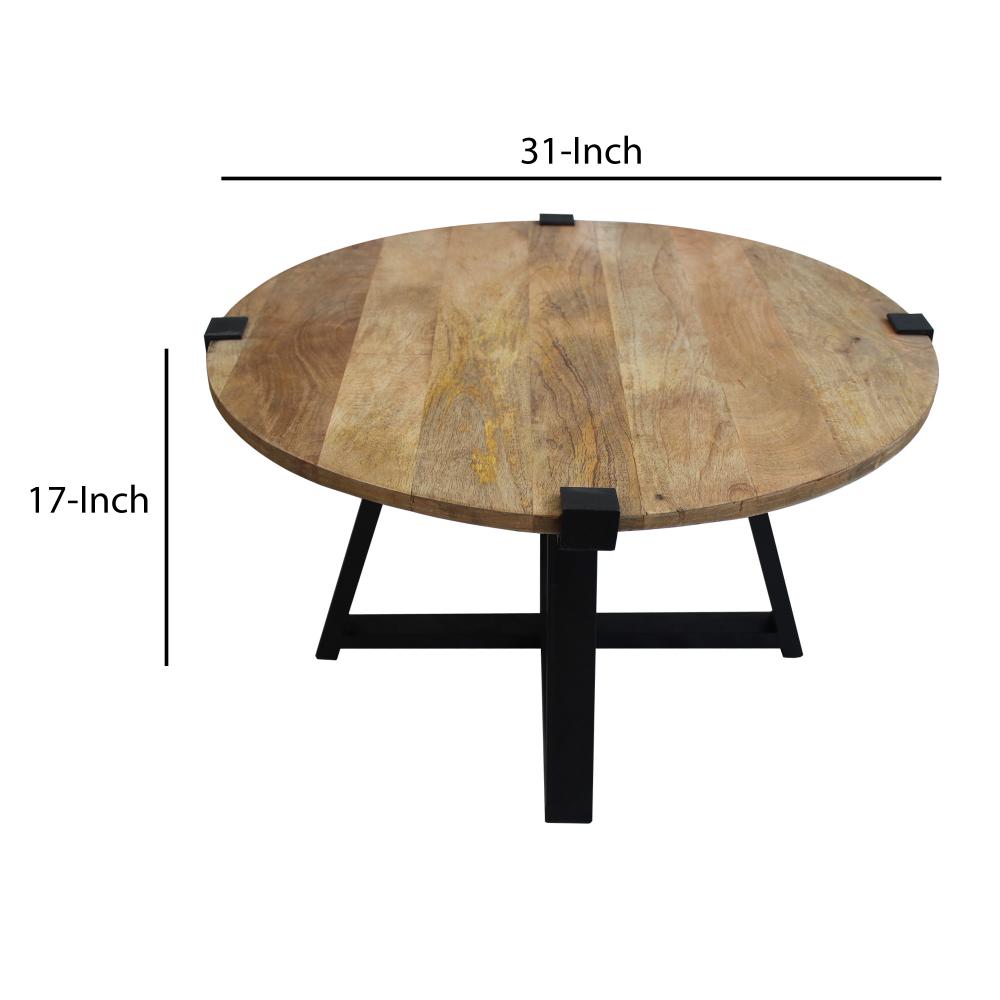 31 Inch Round Wooden Coffee Table Metal Frame X Base Grains Brown Black By The Urban Port UPT-247103