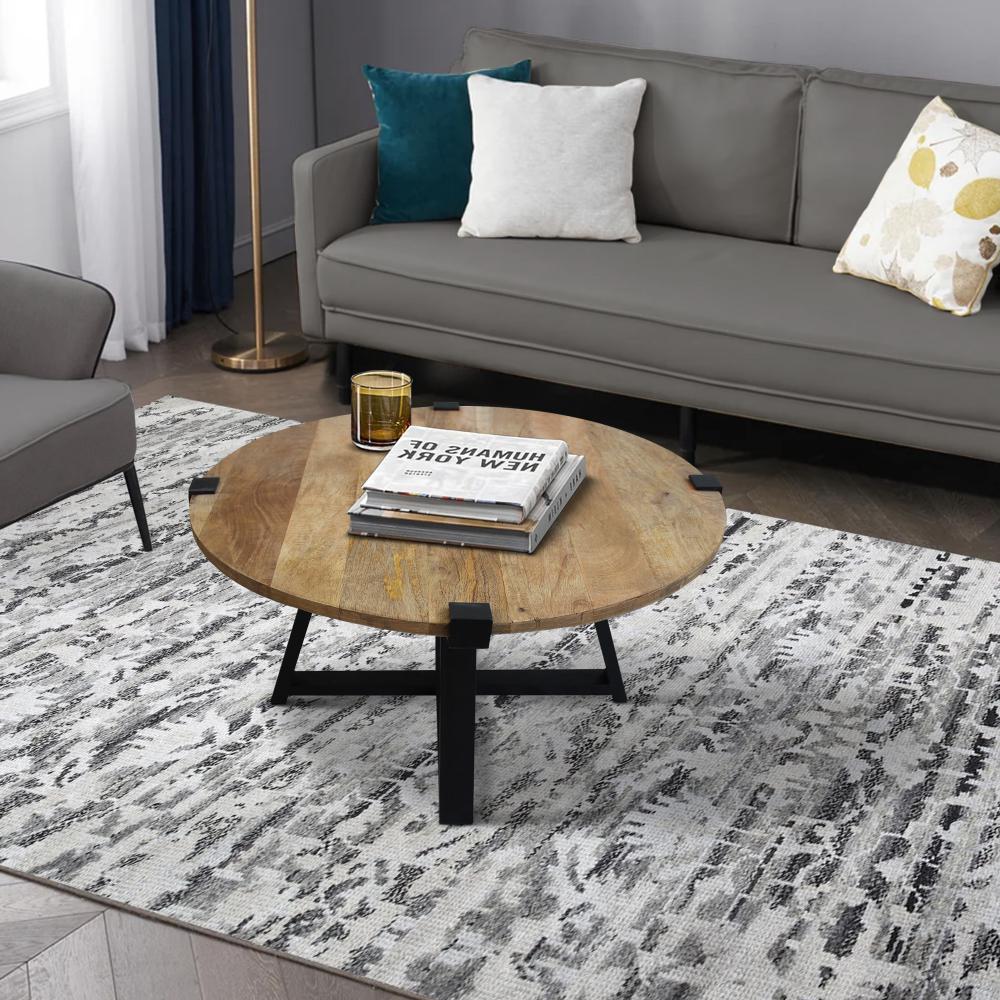 31 Inch Round Wooden Coffee Table Metal Frame X Base Grains Brown Black By The Urban Port UPT-247103