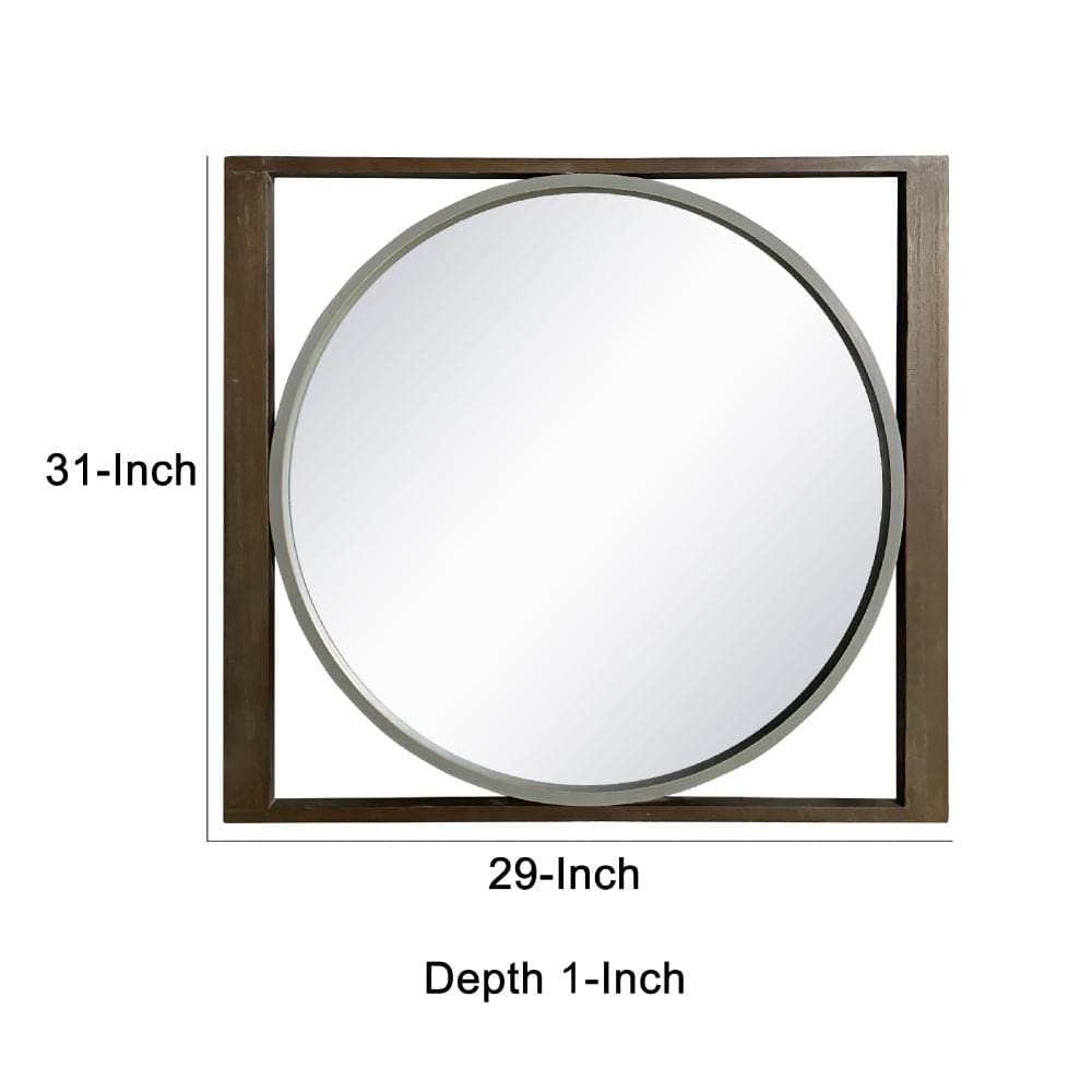 Round Wall Mirror with Rectangular Wooden Frame Brown By The Urban Port UPT-247266