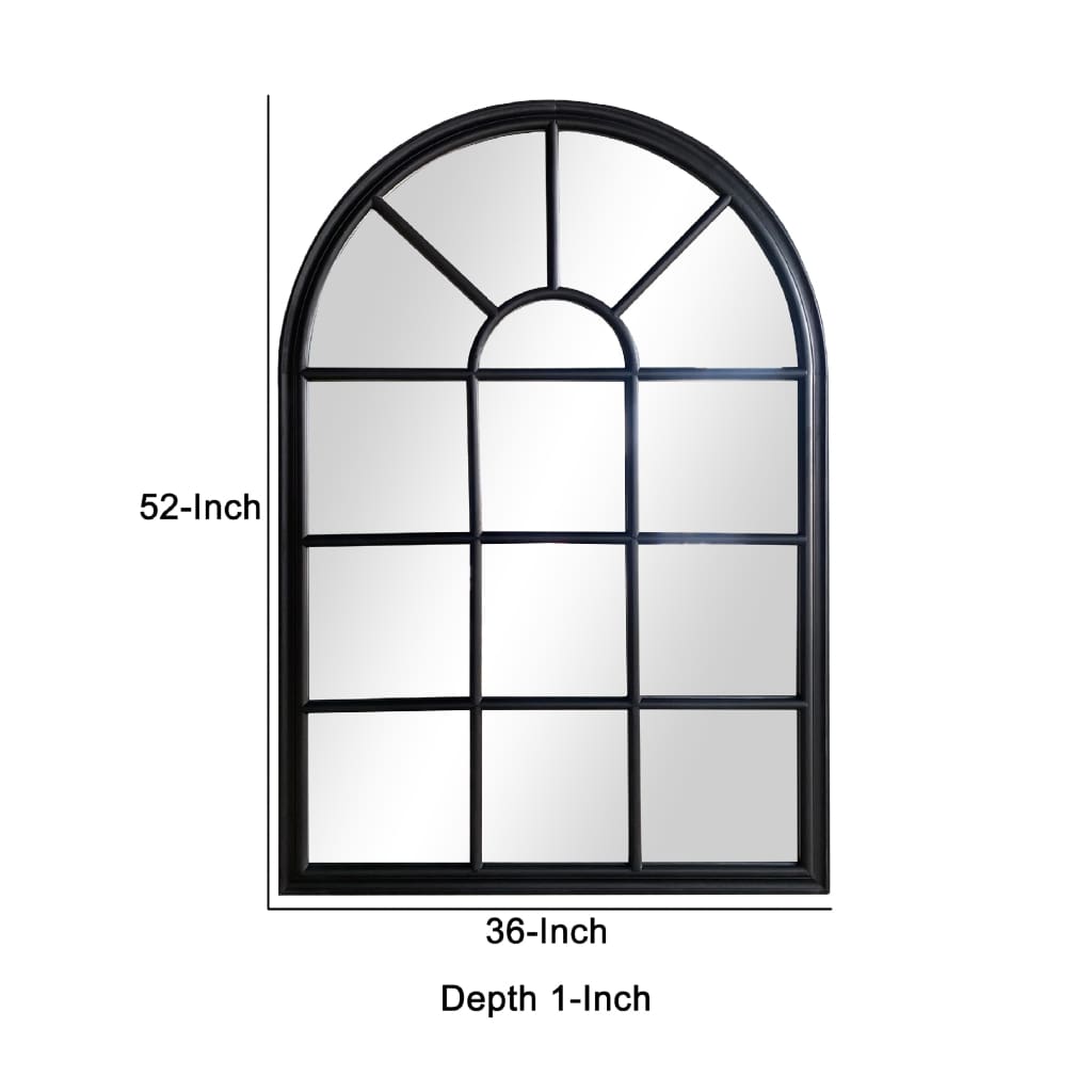 52 Inch Wood Wall Hanging Mirror Window Pane Design Arched Top Black By The Urban Port UPT-247268