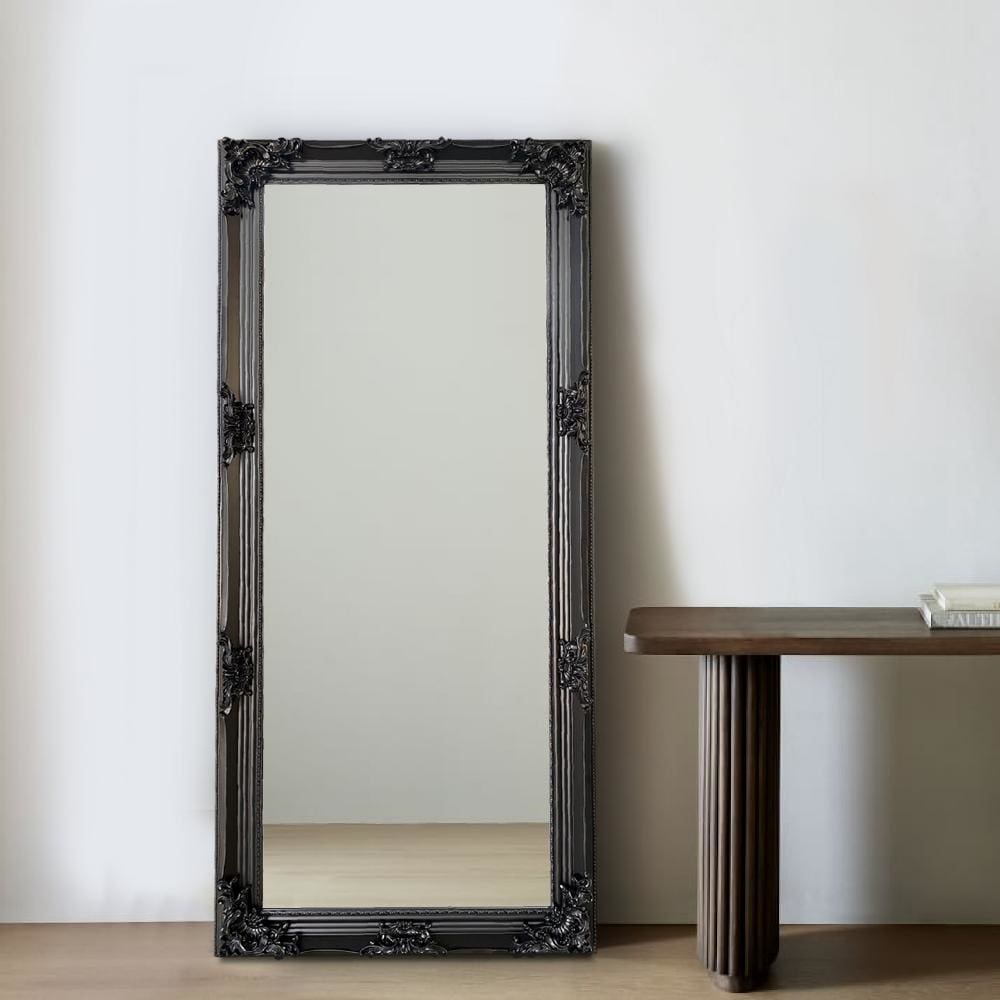 Wooden Frame Floor Mirror with Floral Carvings Black By The Urban Port UPT-247269