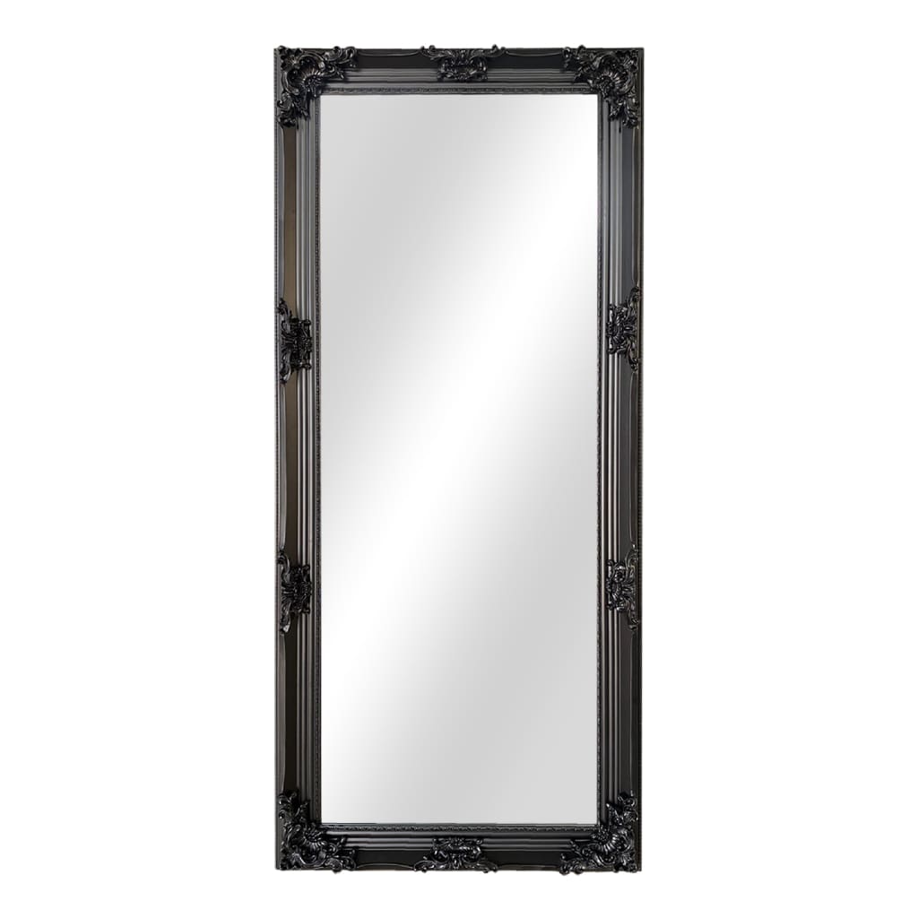 Wooden Frame Floor Mirror with Floral Carvings Black By The Urban Port UPT-247269