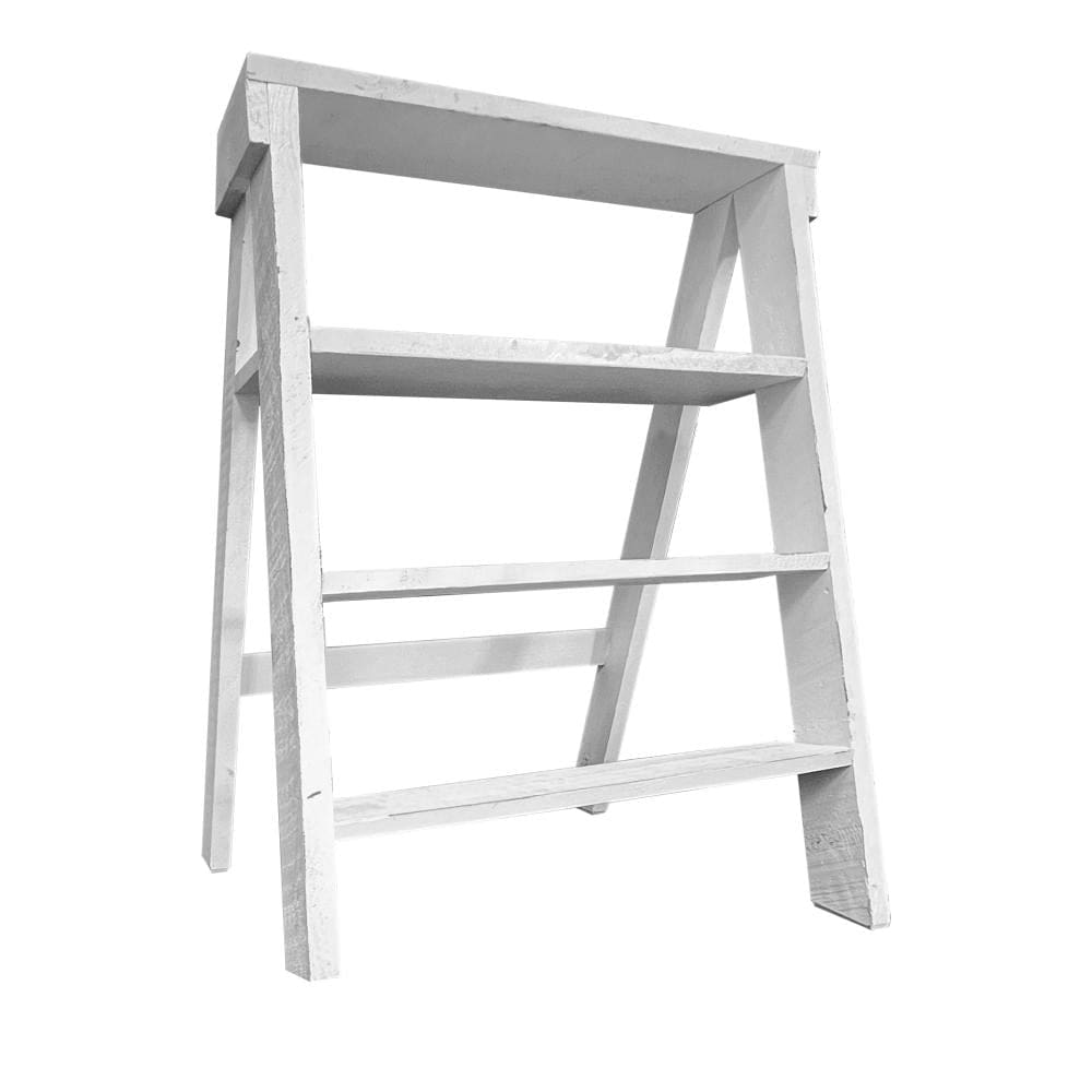 27 Inch Wooden Ladder Bookshelf 4 Tier Open Shelving Weathered White By The Urban Port UPT-248007