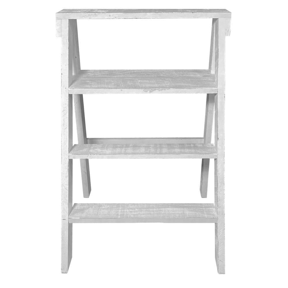 27 Inch Wooden Ladder Bookshelf 4 Tier Open Shelving Weathered White By The Urban Port UPT-248007