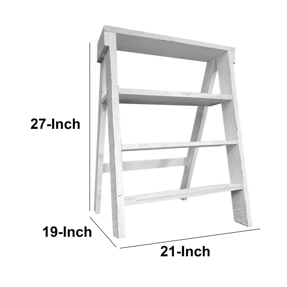 27 Inch Wooden Ladder Bookshelf 4 Tier Open Shelving Weathered White By The Urban Port UPT-248007