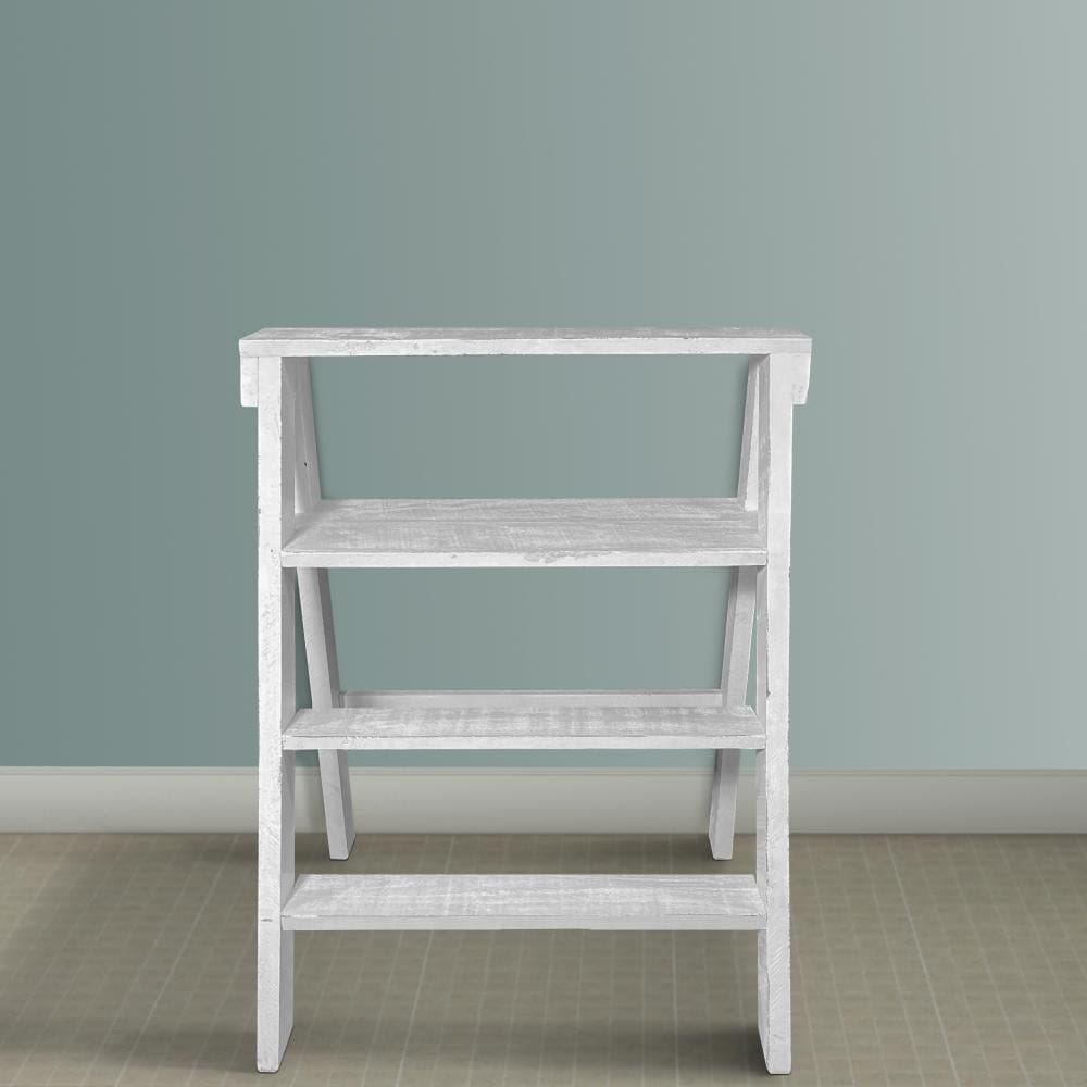 27 Inch Wooden Ladder Bookshelf 4 Tier Open Shelving Weathered White By The Urban Port UPT-248007