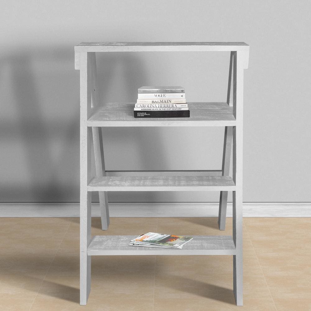 27 Inch Wooden Ladder Bookshelf 4 Tier Open Shelving Weathered White By The Urban Port UPT-248007