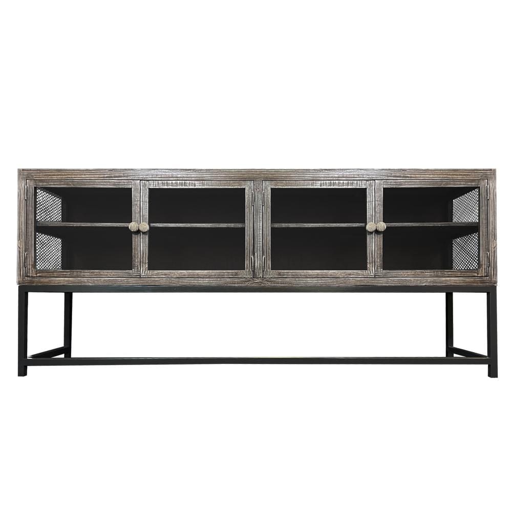 71 Inch Rustic Media Console TV Stand 4 Glass Panel Doors Solid Wood Metal Frame Brown and Black By The Urban Port UPT-248010