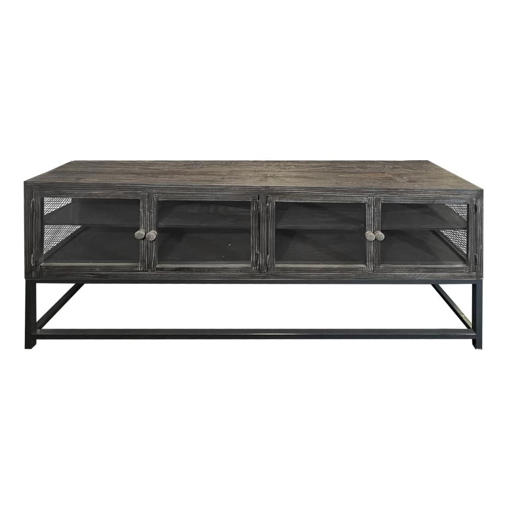 71 Inch Rustic Media Console TV Stand 4 Glass Panel Doors Solid Wood Metal Frame Brown and Black By The Urban Port UPT-248010