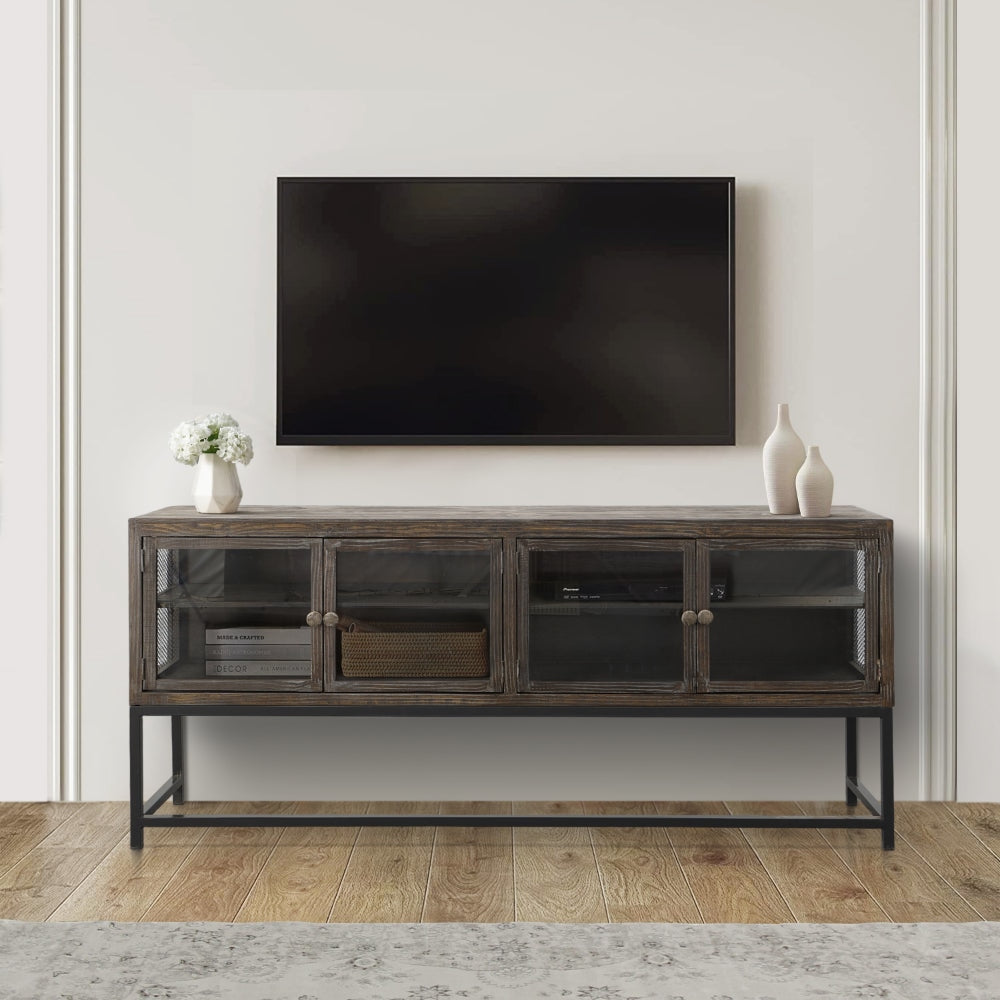 71 Inch Rustic Media Console TV Stand 4 Glass Panel Doors Solid Wood Metal Frame Brown and Black By The Urban Port UPT-248010