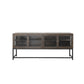 71 Inch Rustic Media Console TV Stand 4 Glass Panel Doors Solid Wood Metal Frame Brown and Black By The Urban Port UPT-248010