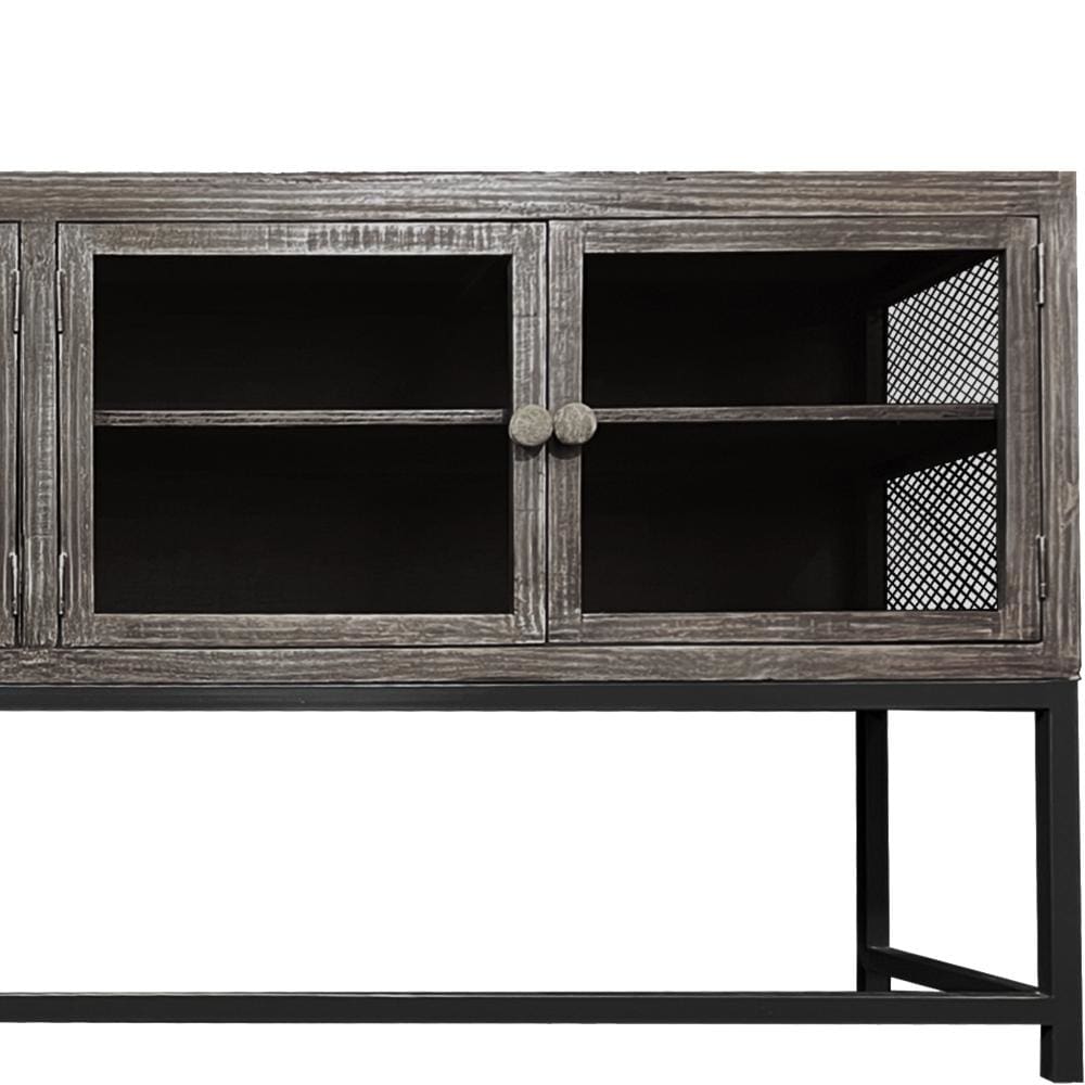 71 Inch Rustic Media Console TV Stand 4 Glass Panel Doors Solid Wood Metal Frame Brown and Black By The Urban Port UPT-248010