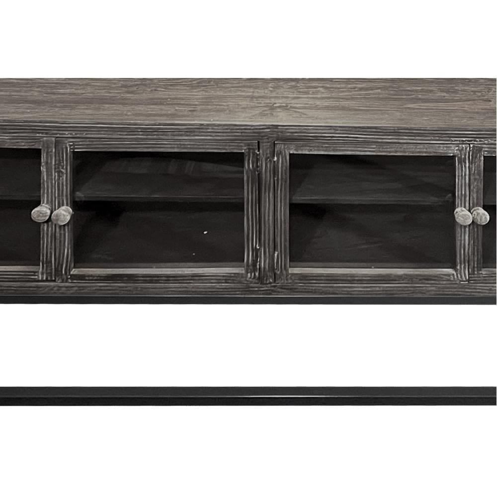 71 Inch Rustic Media Console TV Stand 4 Glass Panel Doors Solid Wood Metal Frame Brown and Black By The Urban Port UPT-248010