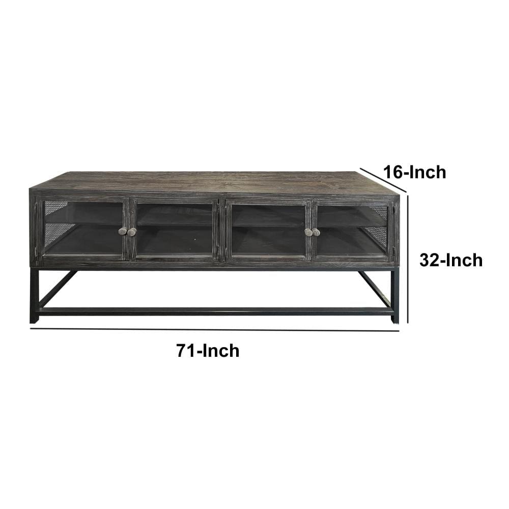 71 Inch Rustic Media Console TV Stand 4 Glass Panel Doors Solid Wood Metal Frame Brown and Black By The Urban Port UPT-248010